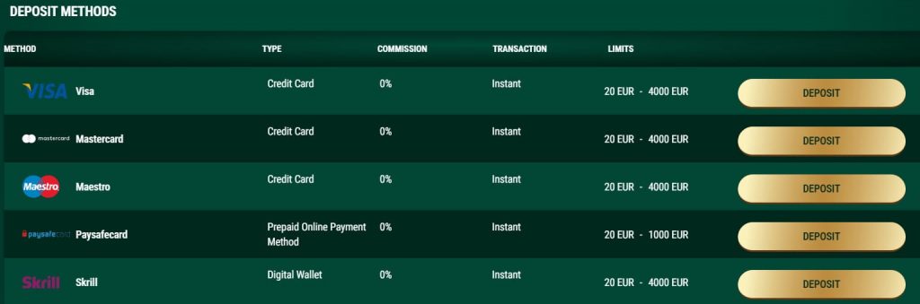 Richard Casino payment options list